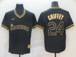Men's  Seattle Mariners #24 Ken Griffey Jr. Black Gold Cooperstown Legend V Neck Cool Base Jersey