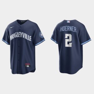 Men's Chicago Cubs #2 Nico Hoerner Navy 2021 City Connect Cool Base Jersey