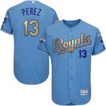 Kansas City Royals #13 Salvador Perez Light Blue FlexBase 2015 World Series Champions Gold Program Stitched Jersey