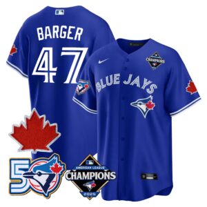 Addison Barger #47 Toronto Blue Jays 50th Red Maple Leaf Patch World Series Limited Jersey Stitched - Royal