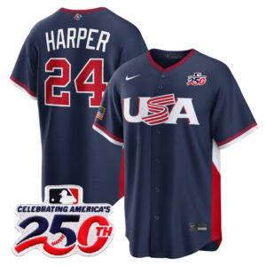 Bryce Harper #24 USA Baseball 250th Patch 2026 World Baseball Classic Road Stadium Jersey - Navy