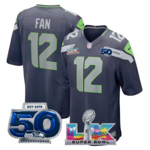12th Fan #12 Seattle Seahawks Super Bowl LX 50th Season Patch College Navy Team Game Jersey