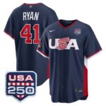 Joe Ryan #41 USA Baseball 250th Patch 2026 World Baseball Classic Road Stadium Jersey - Navy