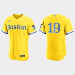 Men's Boston Red Sox #19 Jackie Bradley Jr. 2021 City Connect Flex Base Jersey - Gold Light Blue