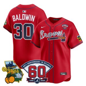 Drake Baldwin #30 Atlanta Braves 60th Patch Home Limited Player Jersey - Red