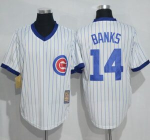 Chicago Cubs #14 Ernie Banks White Strip Home Cooperstown Stitched Jersey