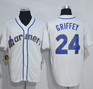 Men's Mitchell And Ness Seattle Mariners #24 Ken Griffey White Throwback Stitched Jersey