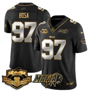 Joey Bosa #97 Buffalo Bills BUF 2025 Bills Mafia Patch Gold Vapor Limited Jersey - All Stitched